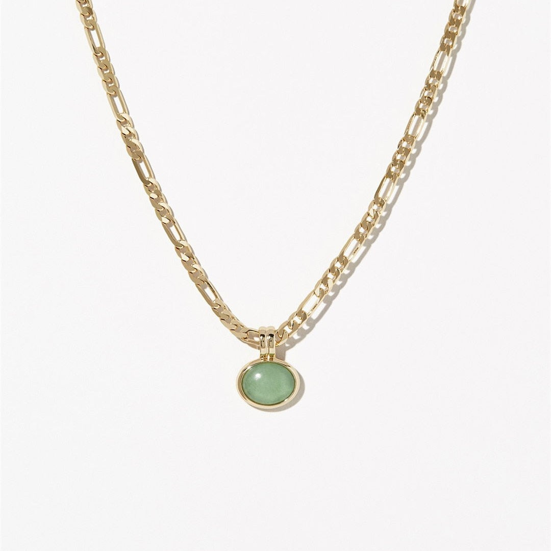 Hot Selling Green Aventurine Necklace Figaro Chain Titanium Steel Plated Simple Design Clavicle Chain