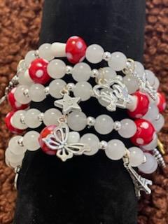 *Custom White Jade Bracelet w/ red resin mushrooms, alloy spacers and charms