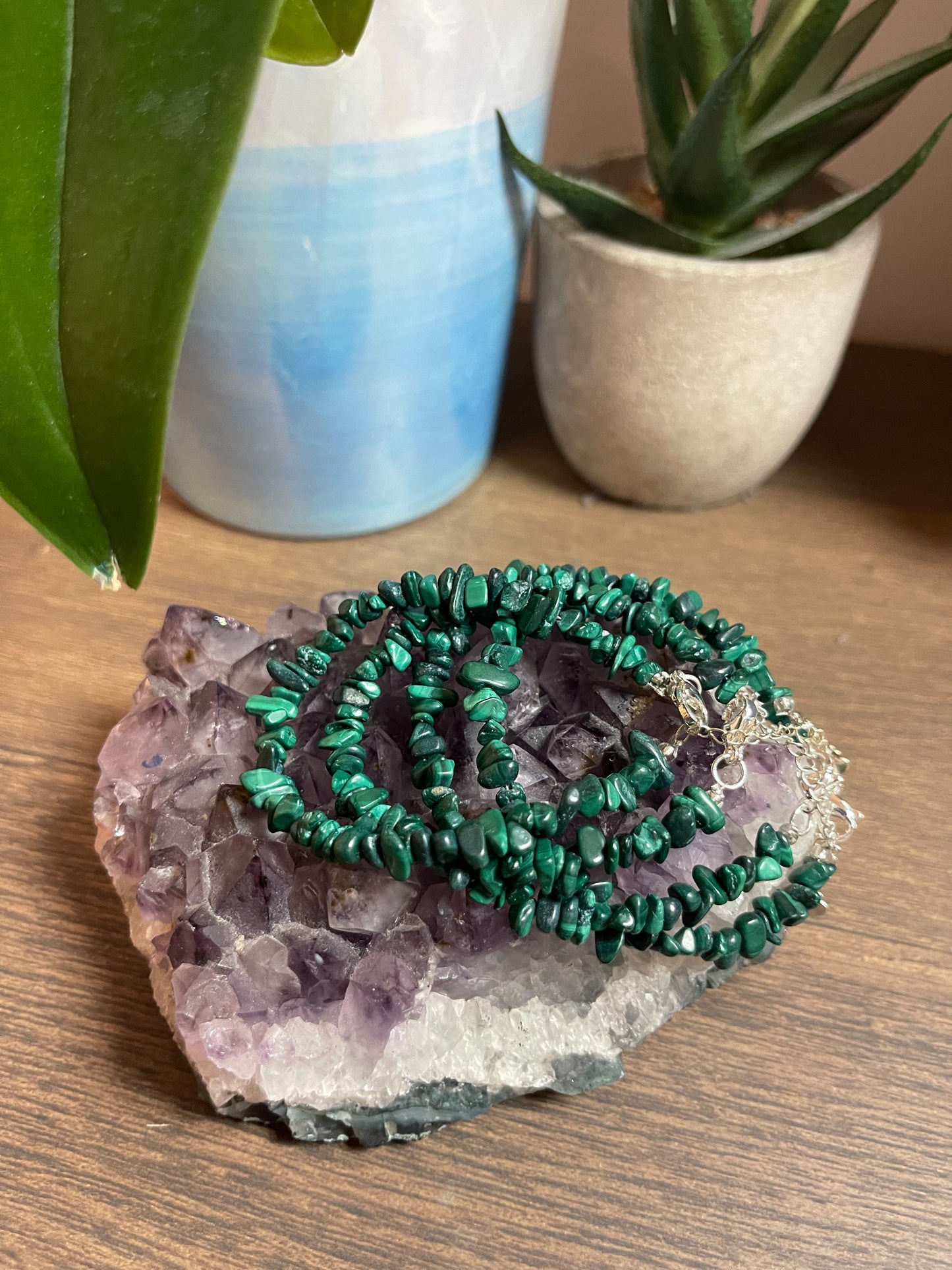 Malachite natural crystal bracelet with chain