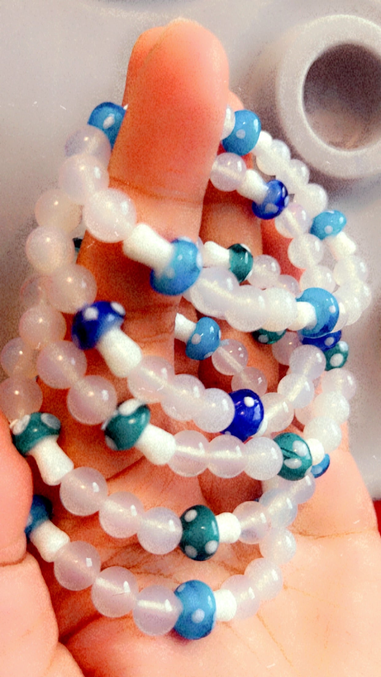 Clear quartz, blue resin mushroom bracelet