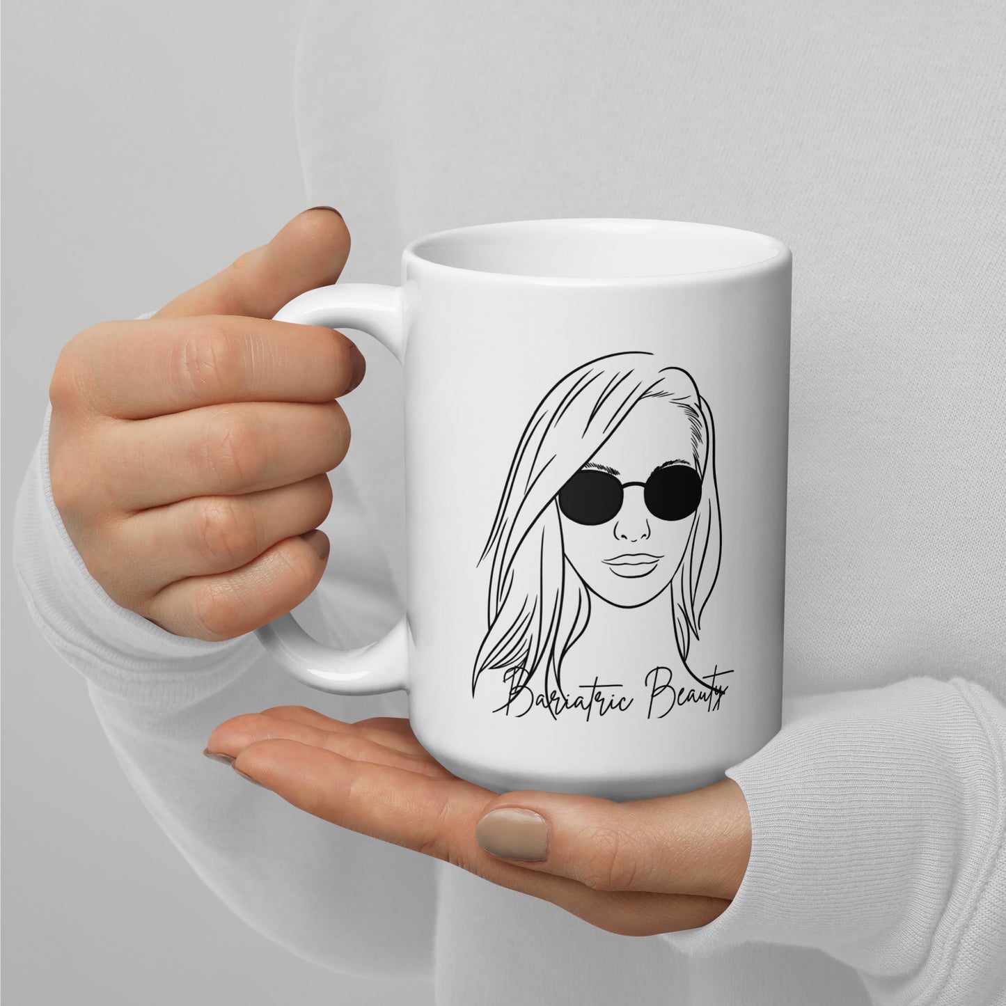 BARIATRIC BEAUTY SUNGLASS HAIR DOWN White glossy mug